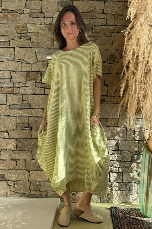 Salcombe Chalk Stripe Cotton Cocoon Dress Soft Olive